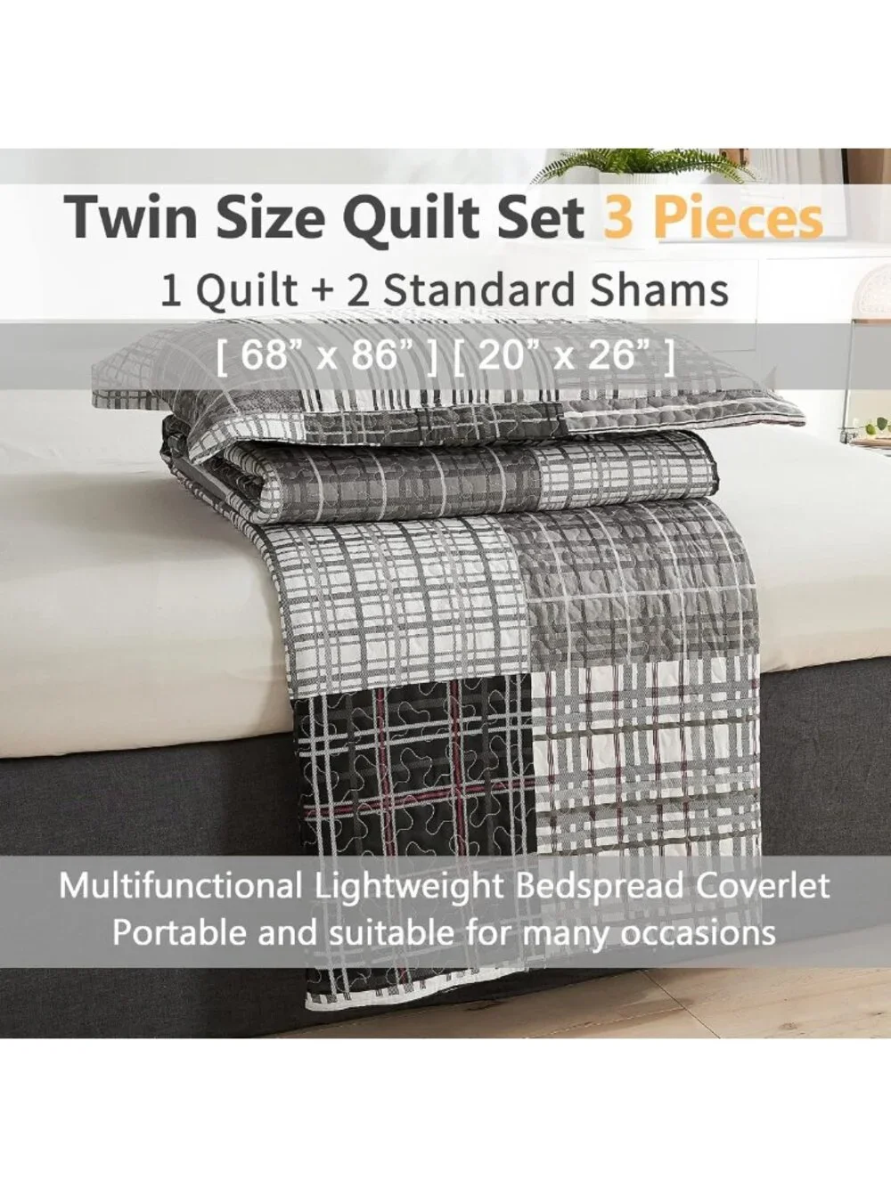 Twin Size Plaid Quilt Set - Black White Grey Reversible Bedspread, Soft
